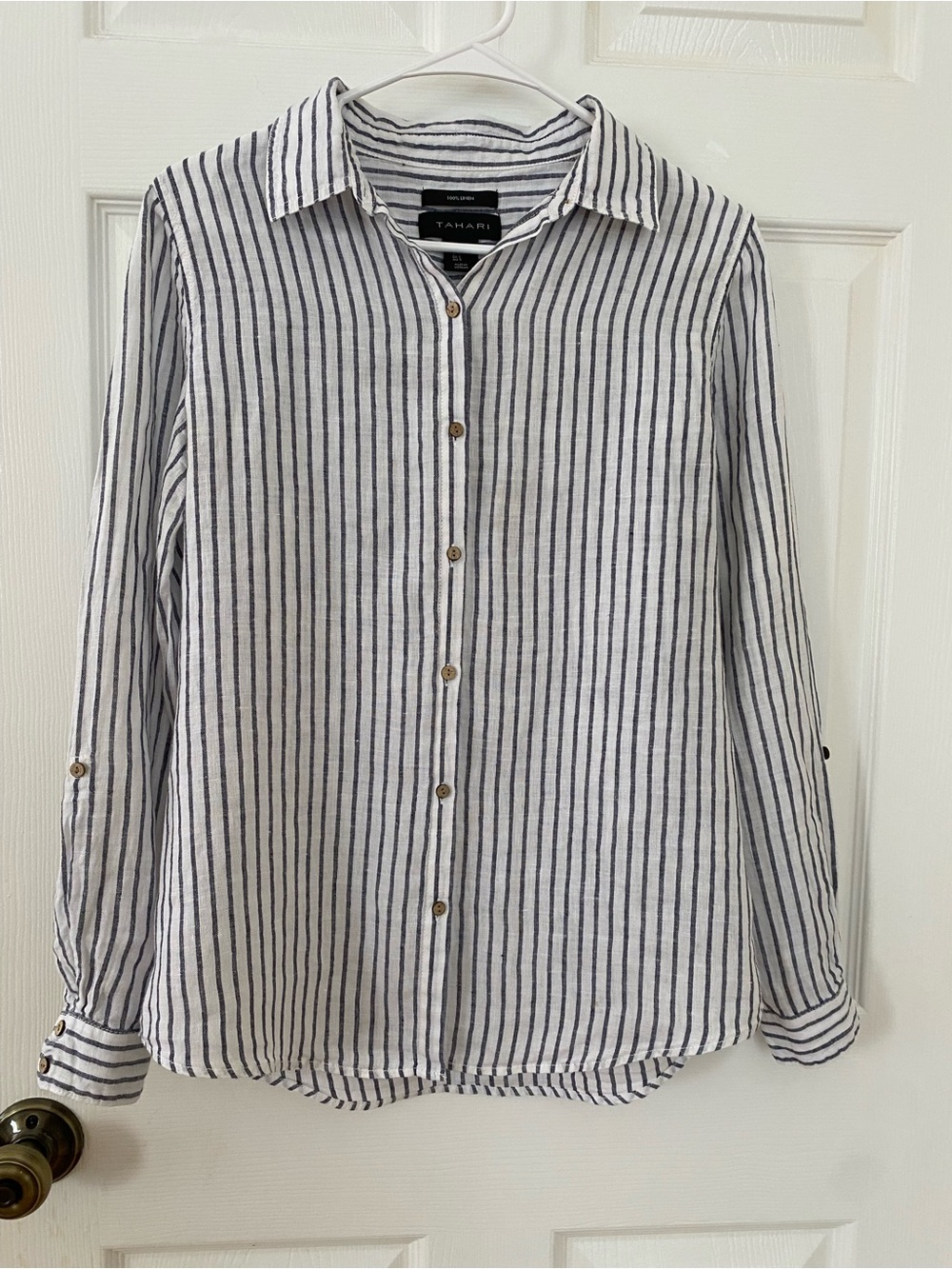 Tahari 100% Linen Vertical Stripe Button-Down Shirt | Size S
